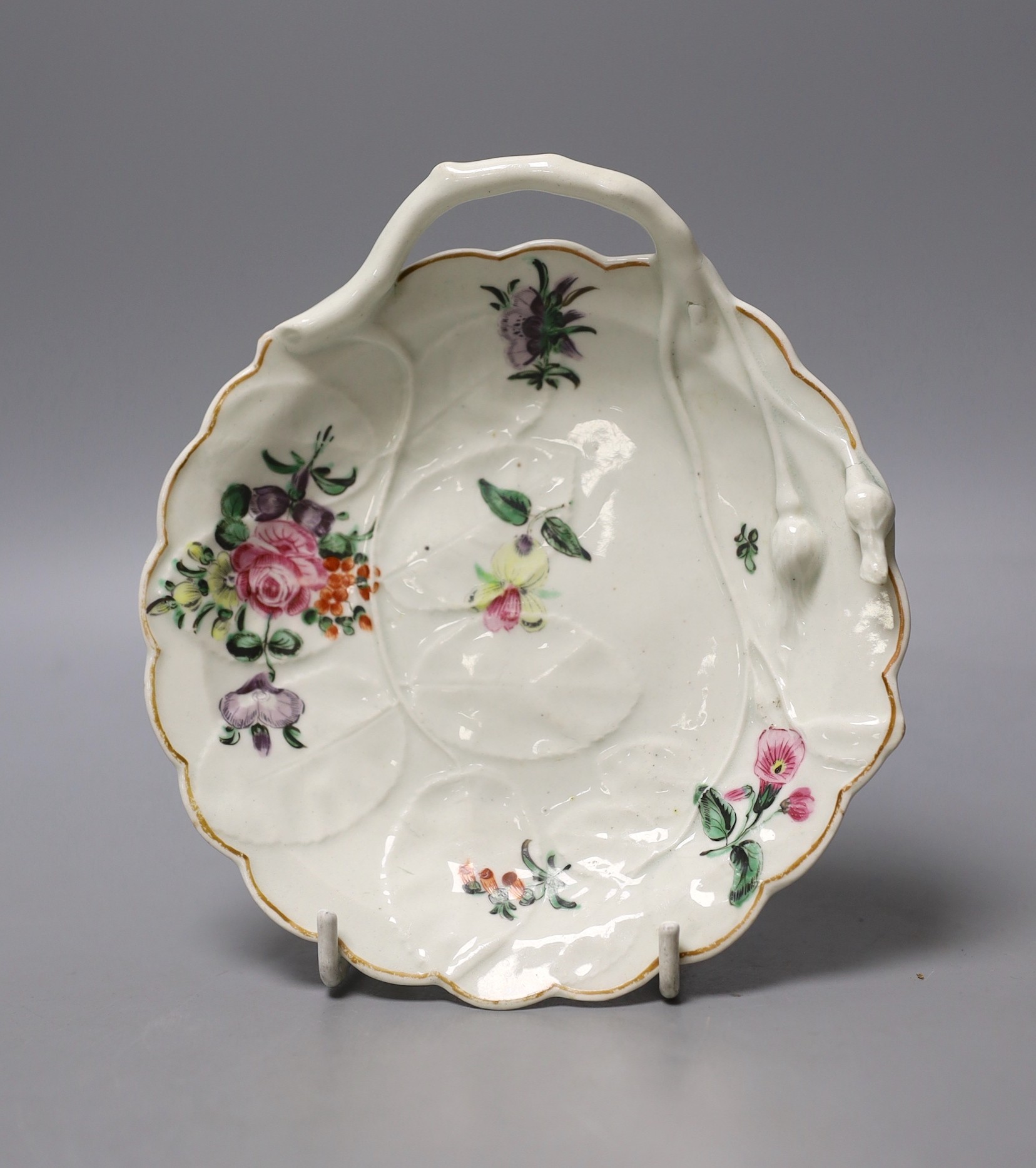 Worcester fine leaf shaped dish of blind earl type painted with polychrome flowers c.1770 - 15.5cm tall